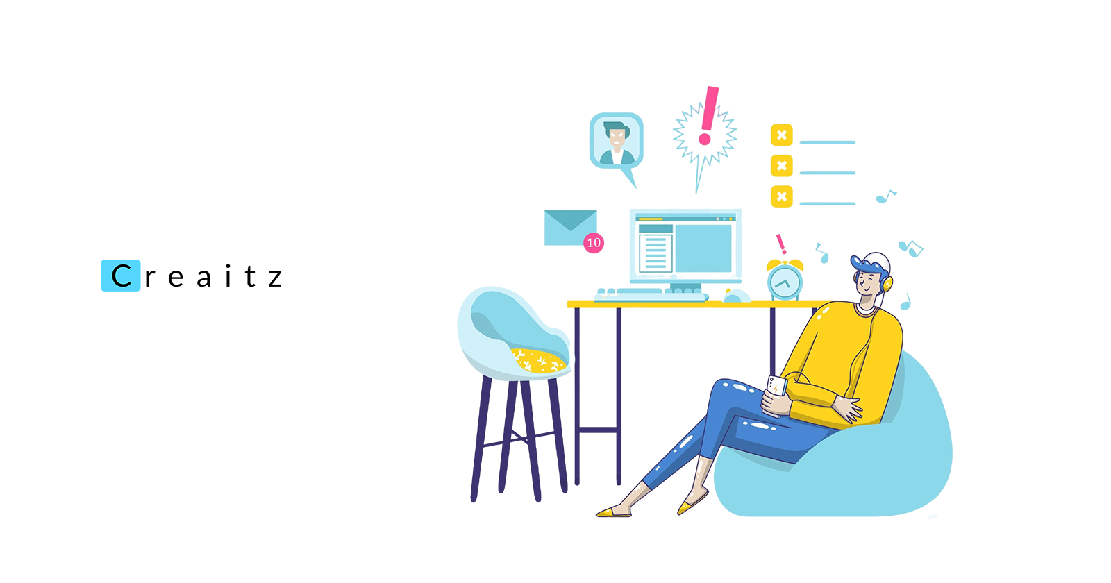 Illustration of a freelancer working comfortably from home with a computer and headphones, representing the concept of what is freelancing.