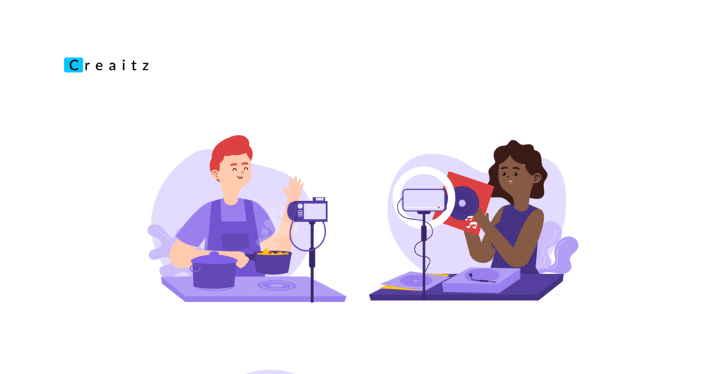 Two people demonstrating how to become a content creator - one recording cooking videos, another creating audio content