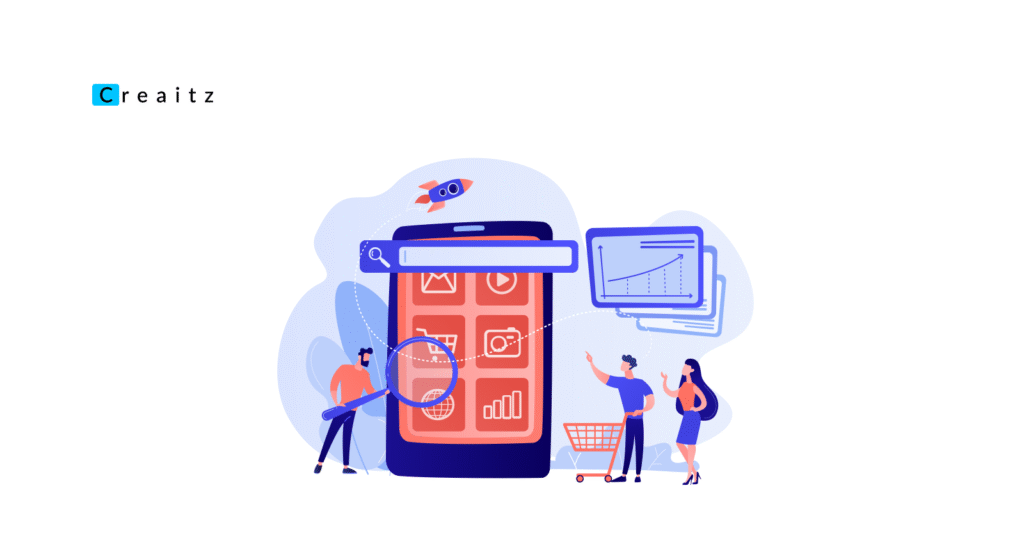 Illustration showing how to sell digital products through mobile apps with people analyzing business analytics and shopping features
