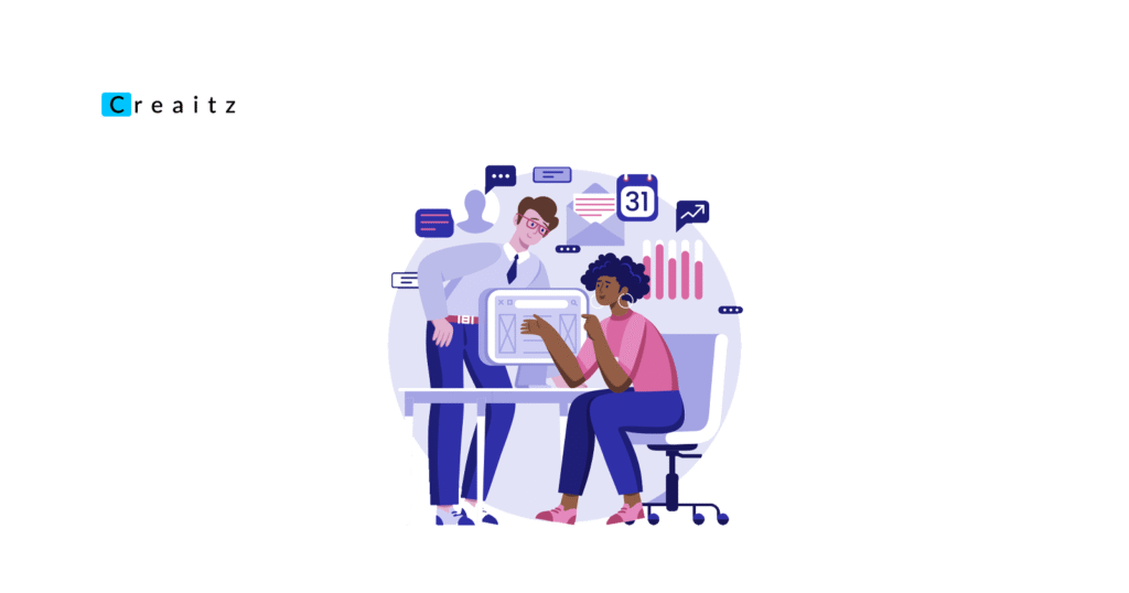 "Man and woman looking into a computer while exploring a career transition from digital marketing to product marketing