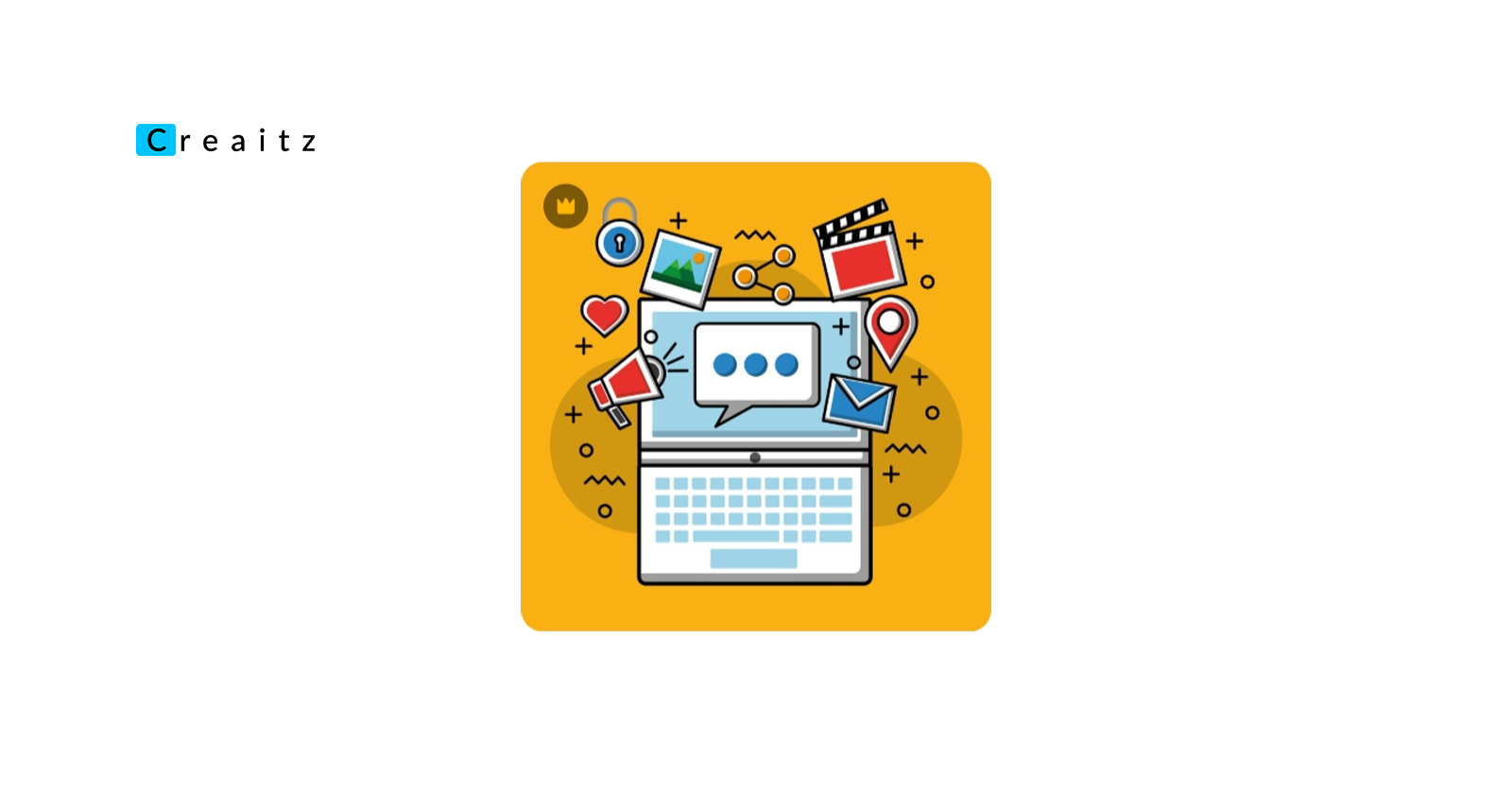 A laptop surrounded by various content creation tools used for designing, writing, and editing digital content.