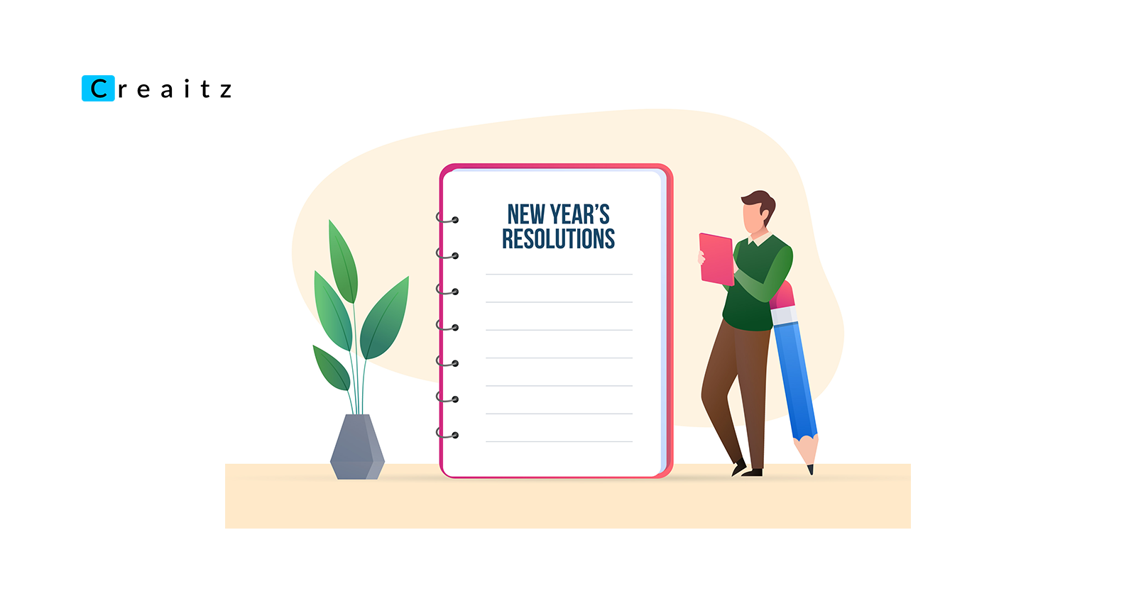 A man standing beside a large notebook, mapping out plans and strategies for his New Year's Resolutions, holding a pen and thoughtfully reviewing his goals