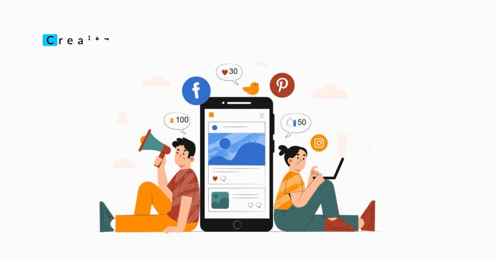 Two people using social media management tools on laptops and devices to schedule posts and track performance.