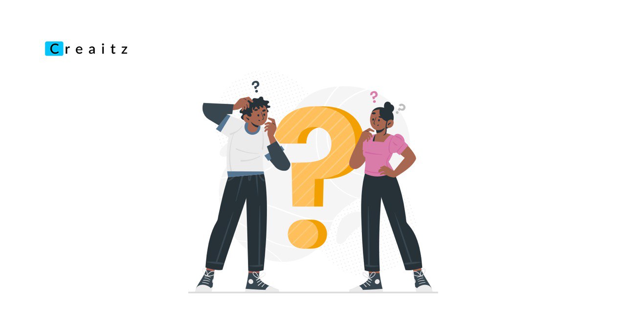Two people thinking with a question mark behind them, representing curiosity about digital skills and asking “What is Creaitz?