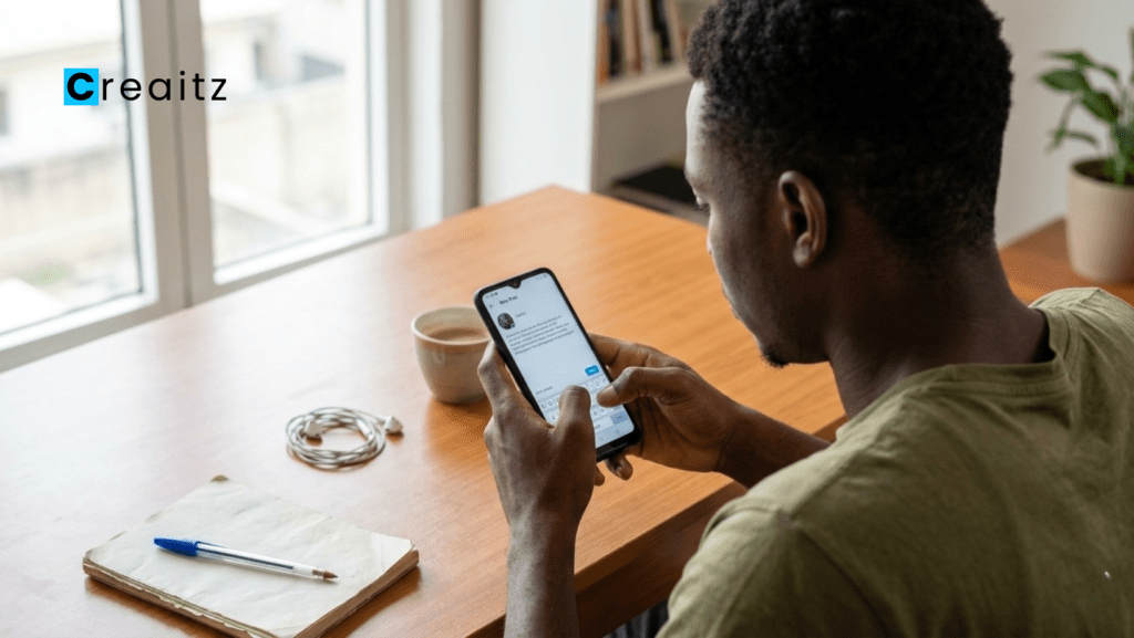 A young African man getting paid to write Instagram captions using just an Android phone on his desk