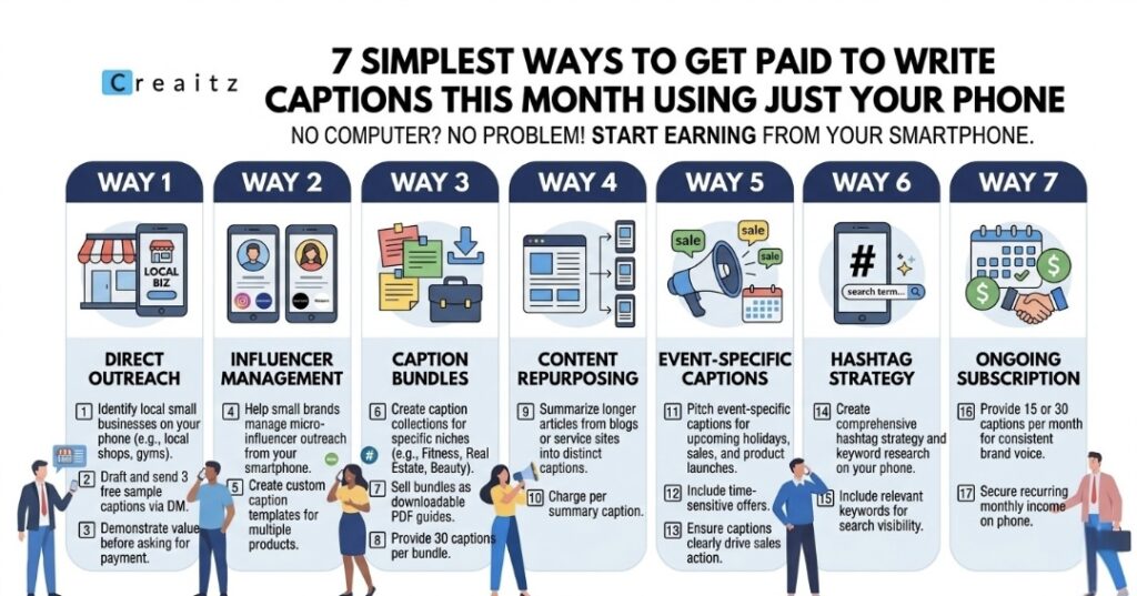 An infographic showing the 7 simplest ways to get paid to write captions using just your smart phone, including direct outreach, selling caption bundles, and ongoing monthly subscriptions.