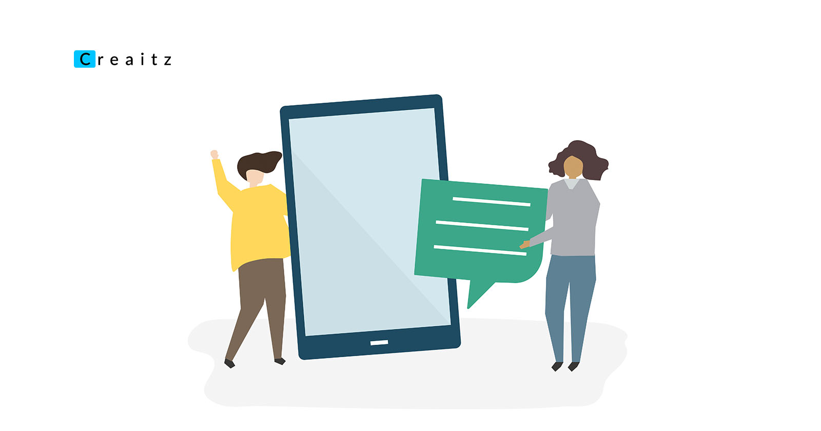 Two people standing beside a giant smartphone with a green chat bubble, showing how to make money on WhatsApp in Nigeria.