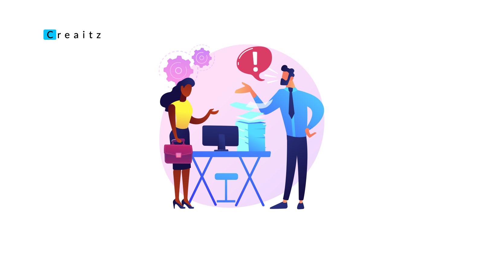 Business professionals discussing workplace challenges and team communication with office desk illustration representing collaboration, problem solving, leadership, and professional development.
