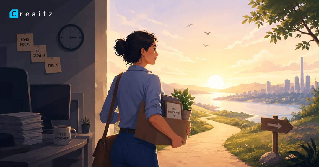 Woman holding a box of her desk items leaving a stressful office to quit a toxic job with no backup plan