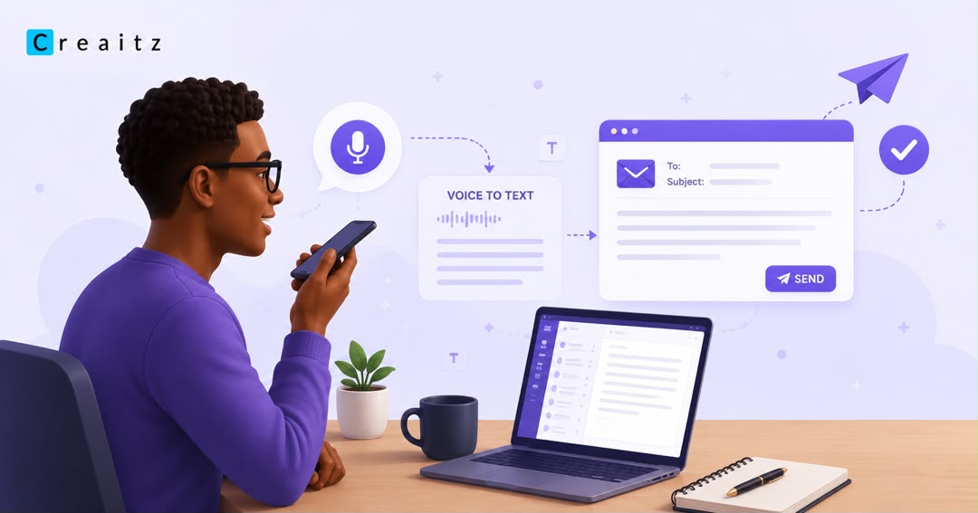 A young man speaking into his smartphone to use voice typing for client emails, Creaitz logo in the corner.