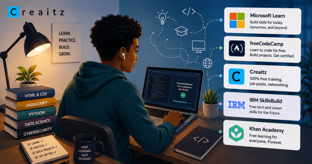A man learning tech skills with logos of free sites to learn tech skills
