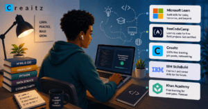 A man learning tech skills with logos of free sites to learn tech skills
