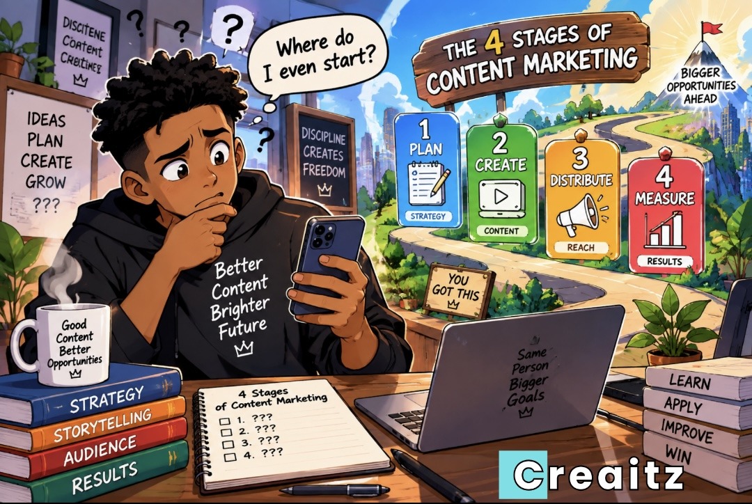 A young boy thinking about the 4 stages of content marketing, thinking about where to start, how to plan, create, and grow. a cup with embedded text saying: good content, better opportunities. book on strategy, storytelling, audience, results, laptop with the text: same person, bigger goals