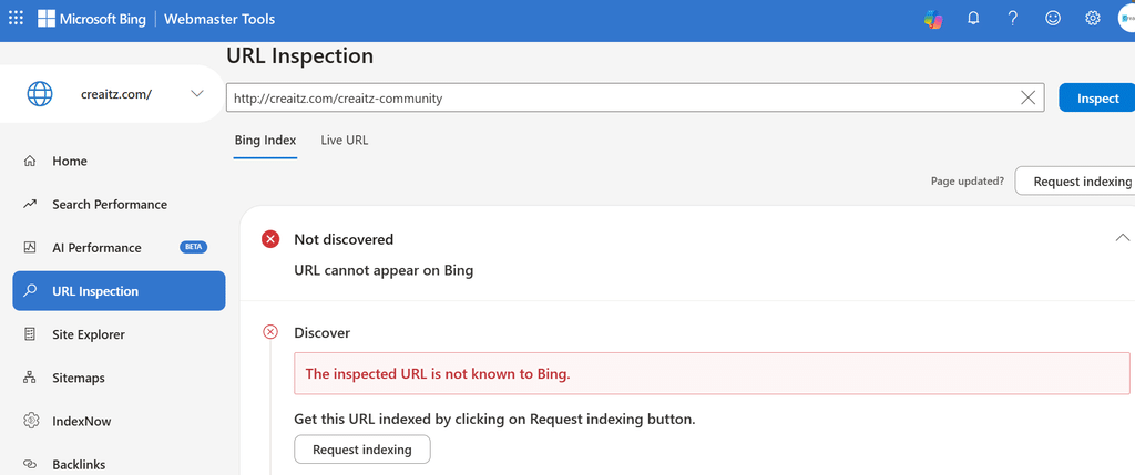 Creaitz community page on Bing Webmaster
