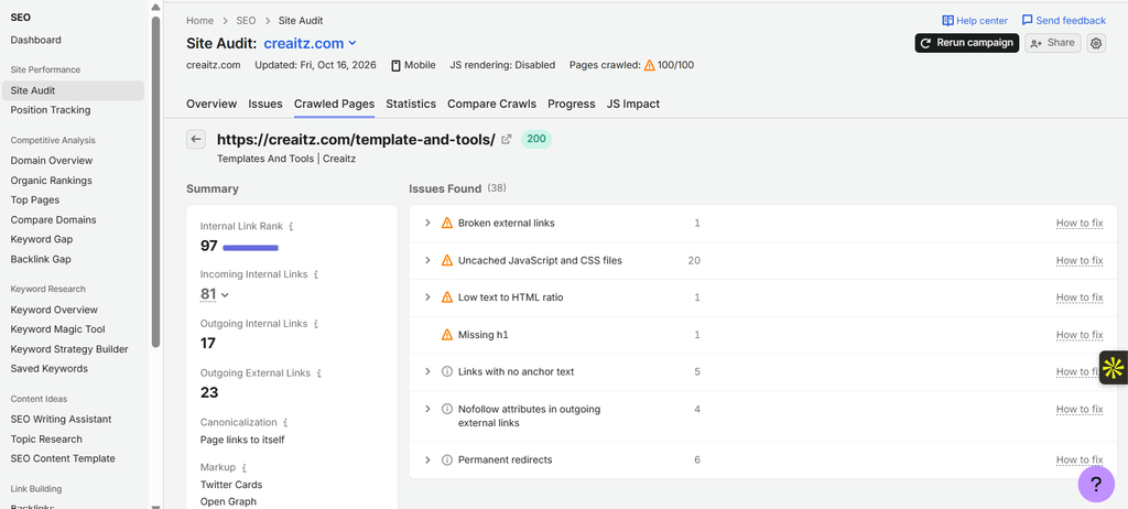 Creaitz page site audit