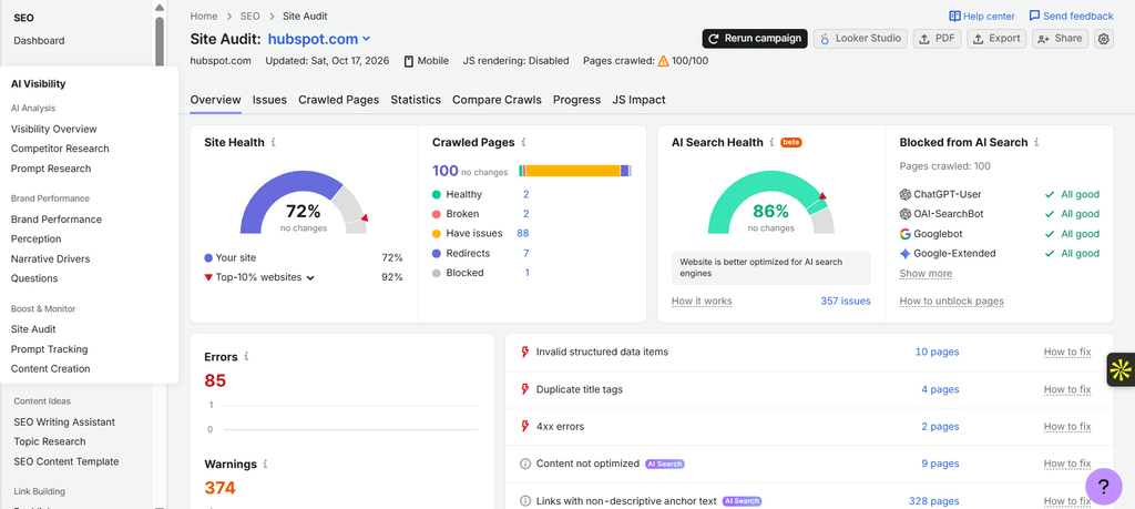 Hubspot site audit in Semrush