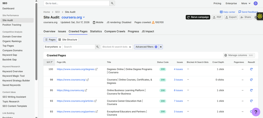 Coursera affected pages in Semrush Site Audit